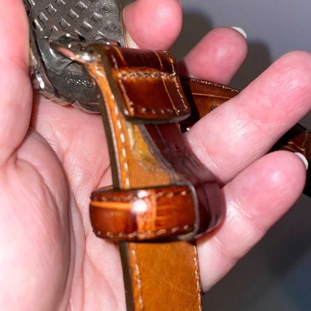 Leather Vintage 1995 Brown Belt with Silver Metal Basketweave Filagree Buckle L